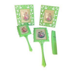 Child's Green Dresser Vanity Set Brush Mirror Comb Picture Frames Vtg 1940s